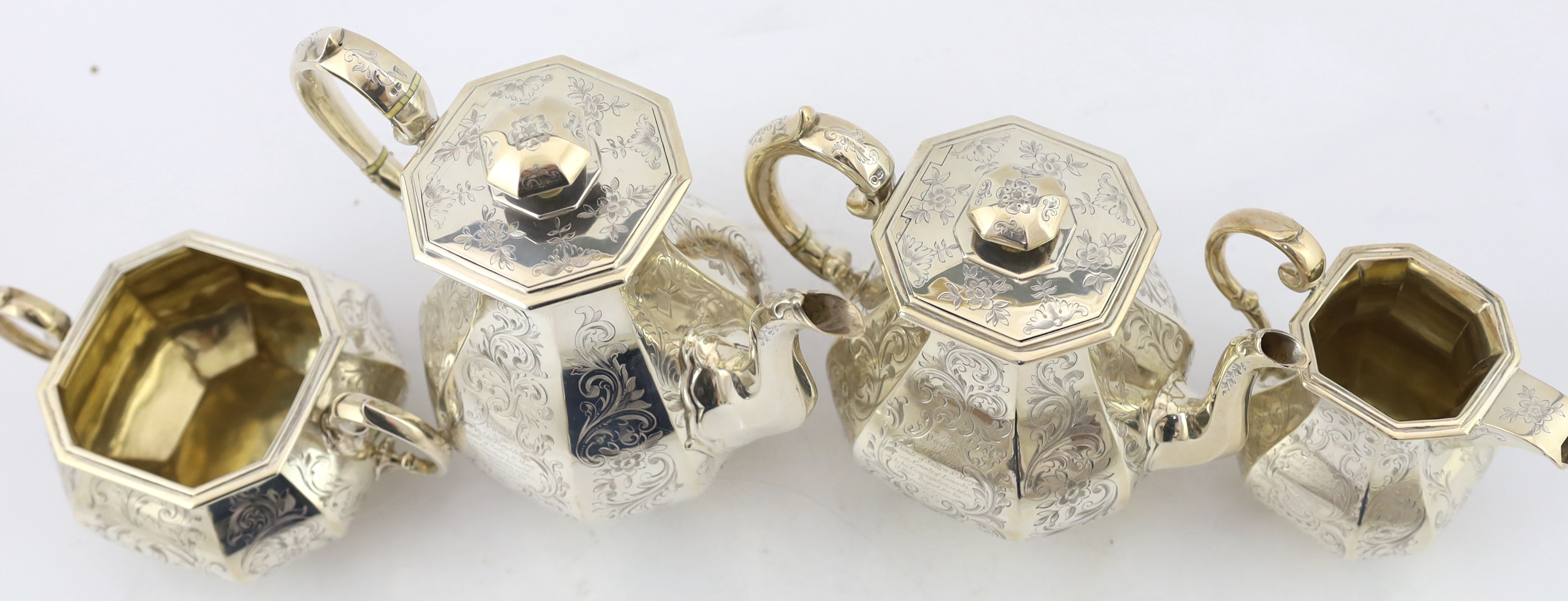 A Victorian engraved silver octagonal four piece silver tea and coffee service, by William Robert Smily